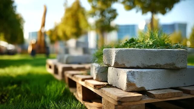 Stacks of grey concrete blocks on wooden pallets, precast fence segments rough texture, set against green grass, blurred trees, await construction, ideal for landscaping, boundary,