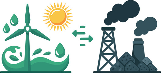 Green energy against fossil fuels vector conceptual illustration of sustainable resources and pollution factories flat design style © MDMUKTADIR