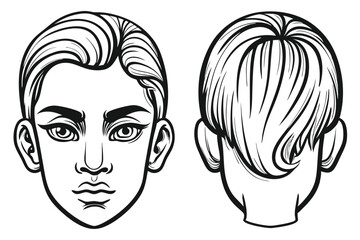 Isolated monochrome outline shows the front and back hairstyle of a young man