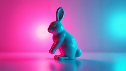 A blue bunny figurine sitting on its hind legs on a reflective surface.