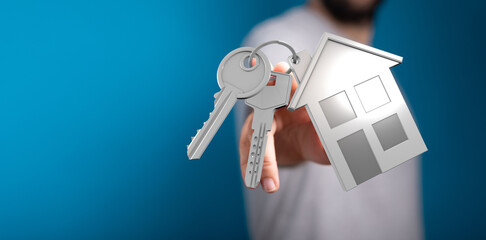 Person offering house keys and a house shaped object, symbolizing home ownership, real estate, and...