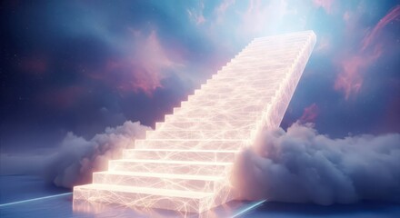 A luminous staircase ascends into the heavens, surrounded by ethereal clouds and a radiant glow.