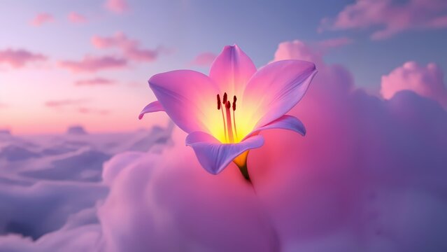 A close-up of a pink lily against a backdrop of clouds.