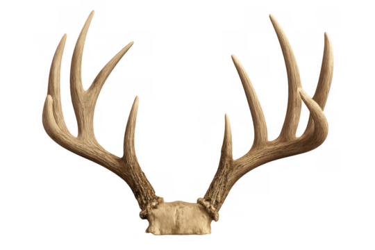 Deer antlers showing a strong, branched structure. This skeletal element symbolizes hunting, nature, and wildlife. Transparent background