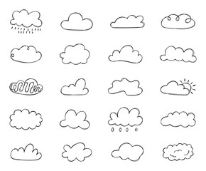 Cloud hand drawn doodle set showing various contour shapes with fluffy forms, wavy strokes, soft outlines and sketch elements for illustration projects