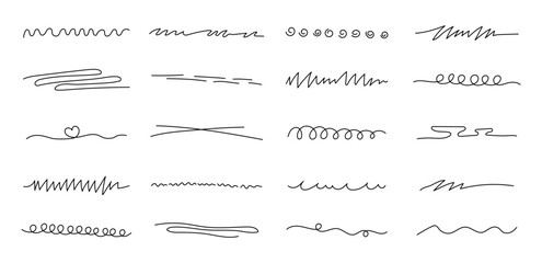 Highlighter underline line doodle set with various hand drawn strokes, flowing curves, curled, abstract waves, freehand contours and decorative design elements