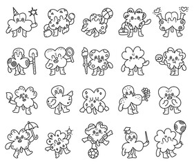 Clover character set in outline line art holding sparkler, wallet, basketball, briefcase, heart, shovel, mirror, paintbrush, donut, leaf, flower, umbrella, pointer, balloon