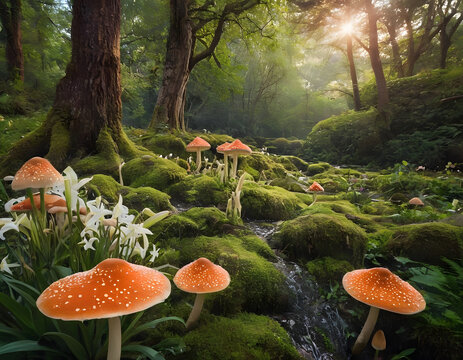 fantastic wonderland landscape with mushrooms, lilies flowers, mushrooms in the forest