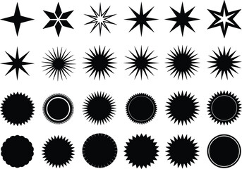 Black starburst and badge shape collection, abstract geometric vector design, decorative silhouette set for labels, logos, emblems, and graphic elements