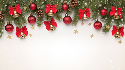 Christmas background with pine branches, red baubles, golden bells, stars, cones and red bows on white background with falling snow. Festive greeting layout