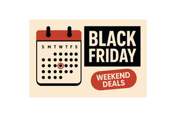 flat vector banner BLACK FRIDAY calendar page with Friday circled red headline beside sticker WEEKEND DEALS tidy office style