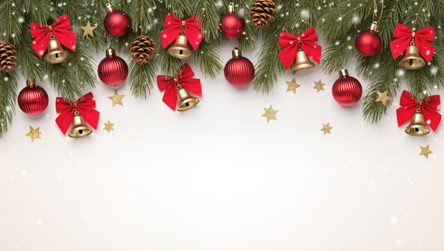 Christmas background with pine branches, red baubles, golden bells, stars, cones and red bows on white background with falling snow. Festive greeting layout - Powered by Adobe