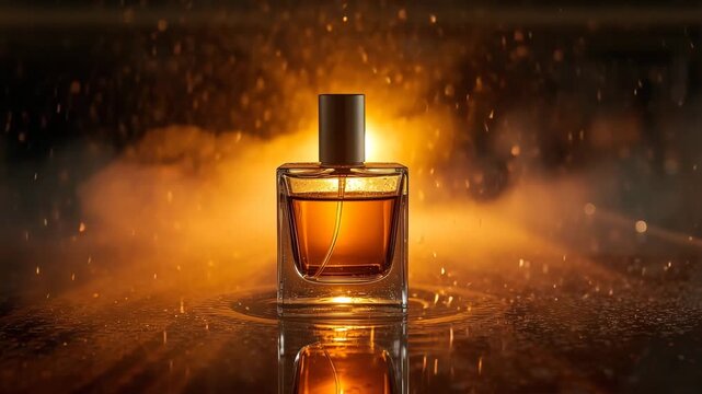 Luxury perfume bottle with amber liquid and dramatic lighting, creating an elegant and sophisticated atmosphere