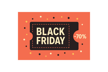 flat vector banner BLACK FRIDAY coupon ticket shape with perforation headline inside side notch shows 70% confetti dots clean voucher concept