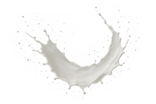 Milk splash creating a dynamic liquid wave with droplets, pouring a fresh white dairy drink on transparent background