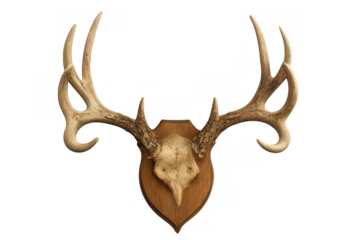 Deer antler skull mount creating a hunting trophy for rustic lodge decoration on transparent background