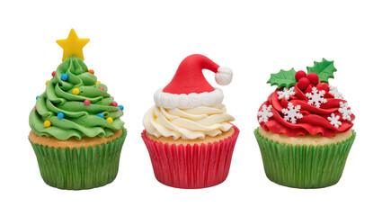 Christmas cupcakes decorated with festive frosting designs including a Christmas tree, Santa hat, and holly, isolated on transparent or white background
