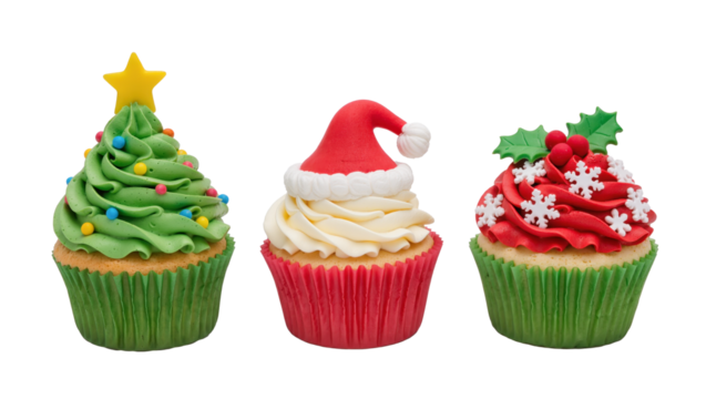 Christmas cupcakes decorated with festive frosting designs including a Christmas tree, Santa hat, and holly, isolated on transparent or white background - Powered by Adobe