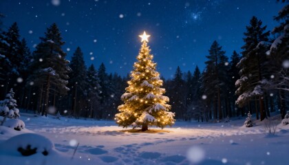 Magical Christmas tree with glowing lights in a snowy winter forest at night. Serene holiday landscape with falling snow.