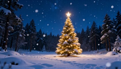 Magical Christmas tree with glowing lights in a snowy winter forest at night. Serene holiday landscape with falling snow.