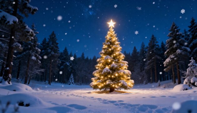 Magical Christmas tree with glowing lights in a snowy winter forest at night. Serene holiday landscape with falling snow.