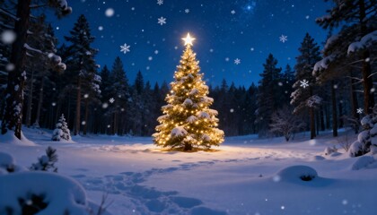 Magical Christmas tree with glowing lights in a snowy winter forest at night. Serene holiday landscape with falling snow.