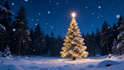 Magical Christmas tree with glowing lights in a snowy winter forest at night. Serene holiday landscape with falling snow.