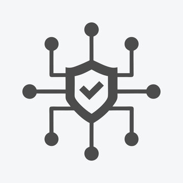 Grey shield with checkmark connects to nodes, visually representing secure network integrity