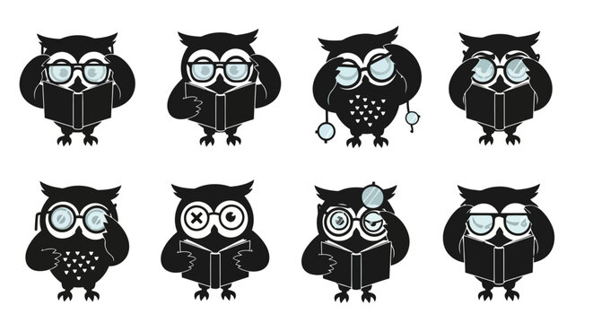 Eight individual owl characters wearing different types of eyeglasses and holding open books, representing various aspects of vision, knowledge, and learning, vector art