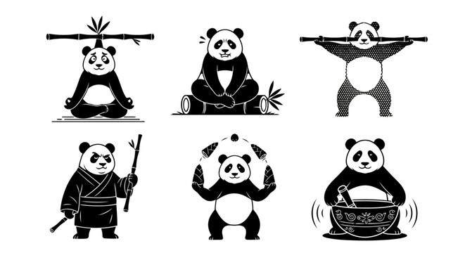 A collection of six unique vector illustrations depicting pandas in various tranquil and active scenes including meditation juggling and eating rendered in a monochrome style