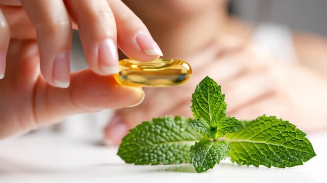 Omega-3 Fish Oil Capsule with Mint - A woman's hand holds a yellow omega-3 fish oil capsule. Fresh green mint leaves are placed next to the hand, suggesting natural health benefits.