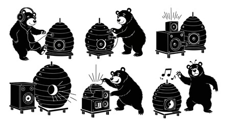 Set of black and white cartoon bears interacting with beehives modified into sound systems or speakers, depicting various actions like listening, connecting, and enjoying audio