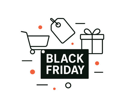 flat vector banner BLACK FRIDAY minimalist outlineonly style: white strokes for cart tag gift around solid headline red accent dots airy modern composition