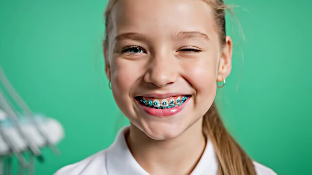 Smiling Young Girl with Blue Braces - A young girl with blonde hair pulled back in a ponytail is smiling widely, showcasing her bright blue braces.