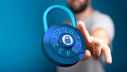 Conceptual image of cybersecurity and data protection. Hand touching a padlock symbol representing safety, priv