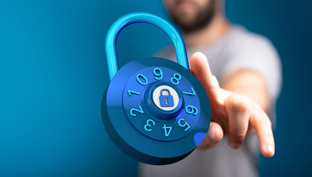 Conceptual image of cybersecurity and data protection. Hand touching a padlock symbol representing safety, priv - Powered by Adobe