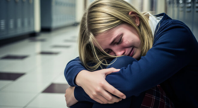 Teenage Angst: Upset Blonde Schoolgirl Crying in a School Hallway - bullying