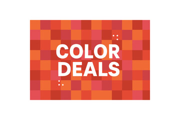 flat vector banner with text COLOR DEALS mosaic tiles red/orange/pink bold white headline tiny tag dots festive colorful grid
