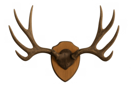 Deer antlers presented as a hunting trophy on a wooden plaque, creating a rustic element for interiors, transparent background