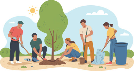 People planting trees teamwork volunteers planting sapling working together cooperation for reforestation environment improvement sunny day vector illustration