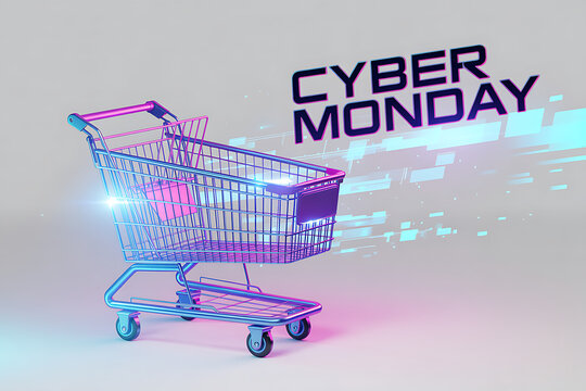 Dynamic Cyber Monday shopping cart bursting with vibrant digital energy, ready for incredible online deals and exciting retail promotions.