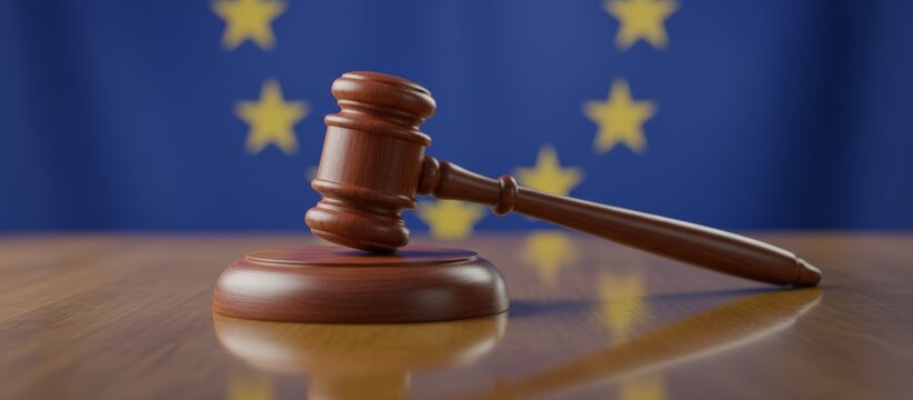 Wooden gavel resting on a glossy desk with the blurry european union flag backdrop, symbolizing law, order, and legal proceedings within the eu framework