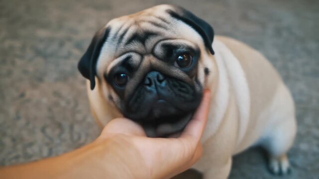 Close-up of hand feeding a treat to a pug dog and petting it, MP4 video. AI