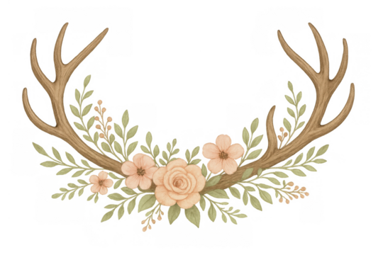 Deer antlers watercolor wreath combining rustic style with delicate floral elements, transparent background