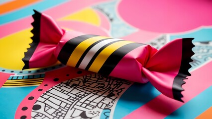 A close-up view of a ribbon with a striped bow.