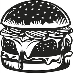 High contrast monochrome burger shows bun, lettuce, cheese and ground meat