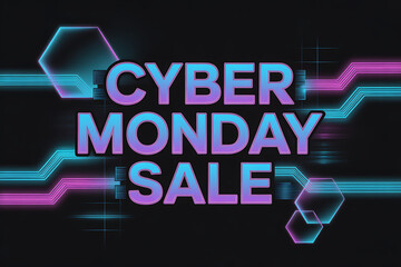 Get ready for massive savings with this dynamic Cyber Monday Sale announcement featuring vibrant neon lights and futuristic hexagonal graphics perfect for promotional campaigns.