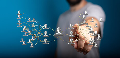 Hand touching digital representation of people interconnected. Perfect for illustrating teamwork, communication, and networking concepts. Ideal
