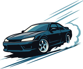 Fototapeta premium Dark blue sports car drifting with smoke and motion lines