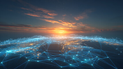 Global Digital Network at Sunset: Abstract Blue Connections Across Glowing Cityscapes